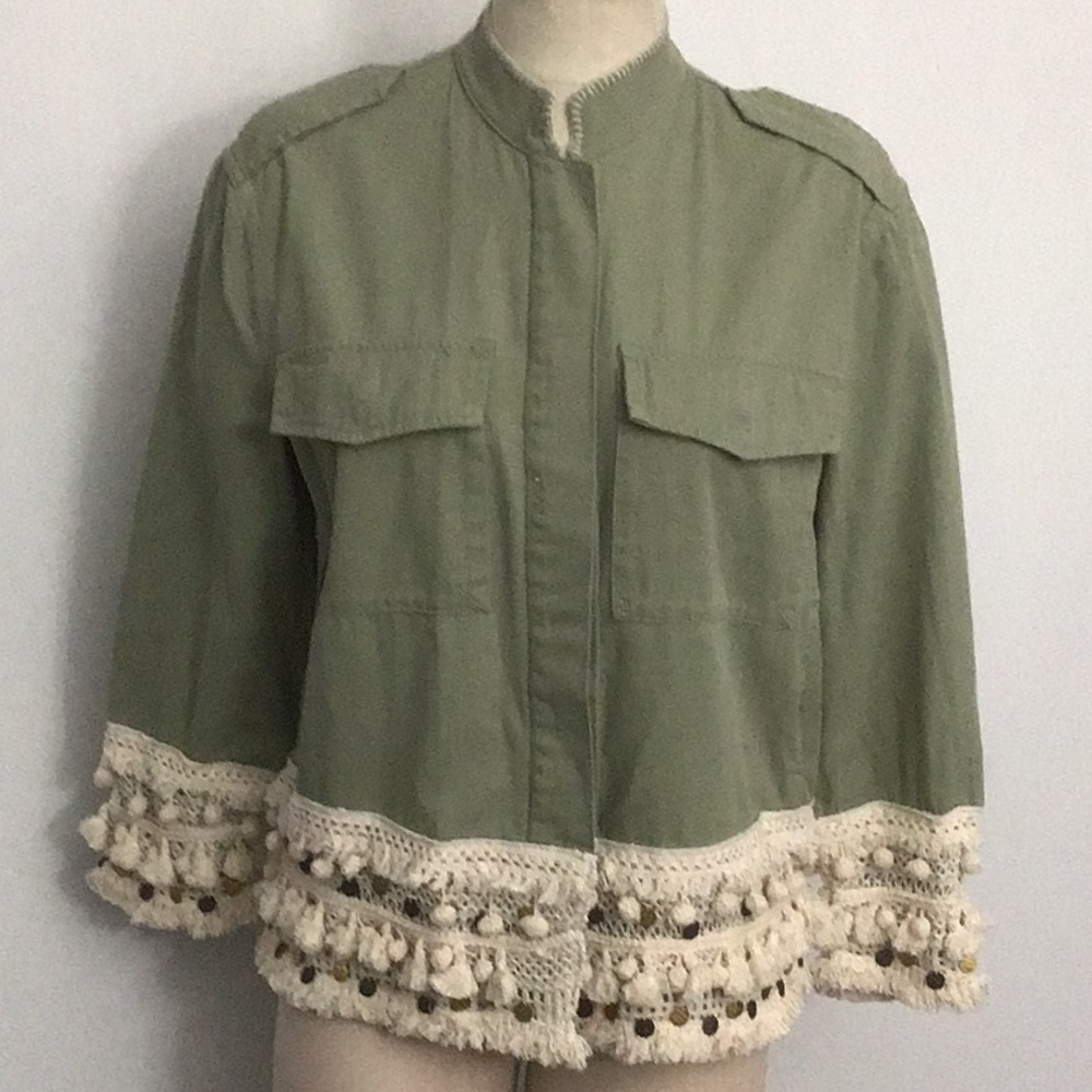 NWT Zara Pom Tassel Boho Cropped Utility Jacket Army Green Size Medium
